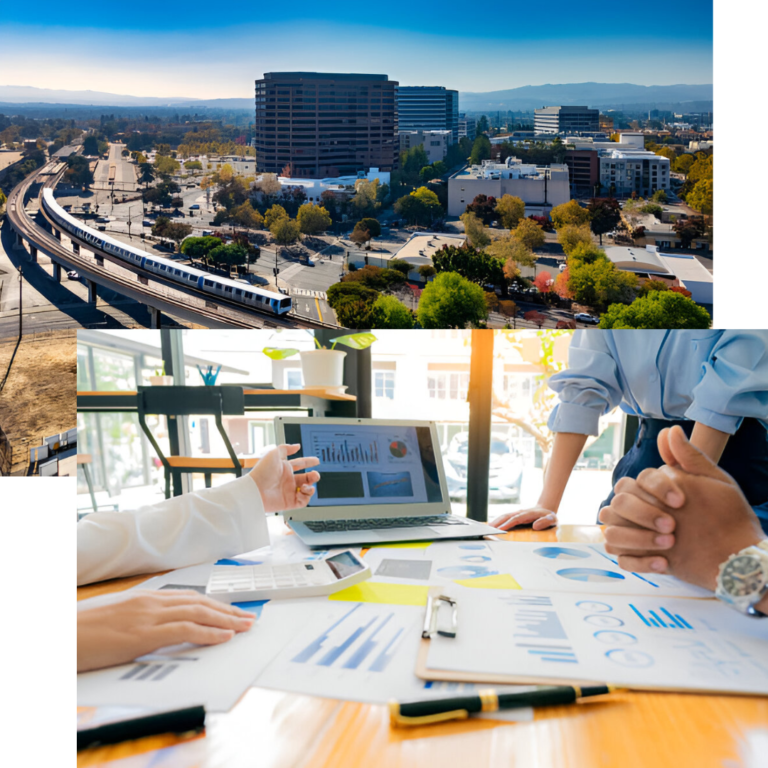 A blended view of Concord, California’s elevated skyline with a BART train and a professional team analyzing real estate market trends in Contra Costa County.