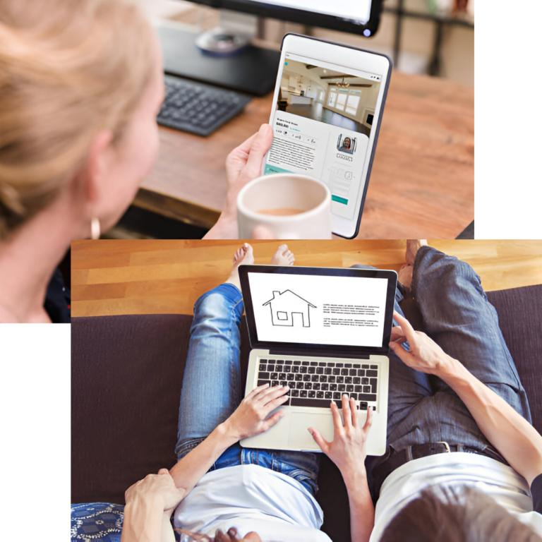 A couple exploring residential properties and home interiors in the San Francisco Bay Area through an online search.