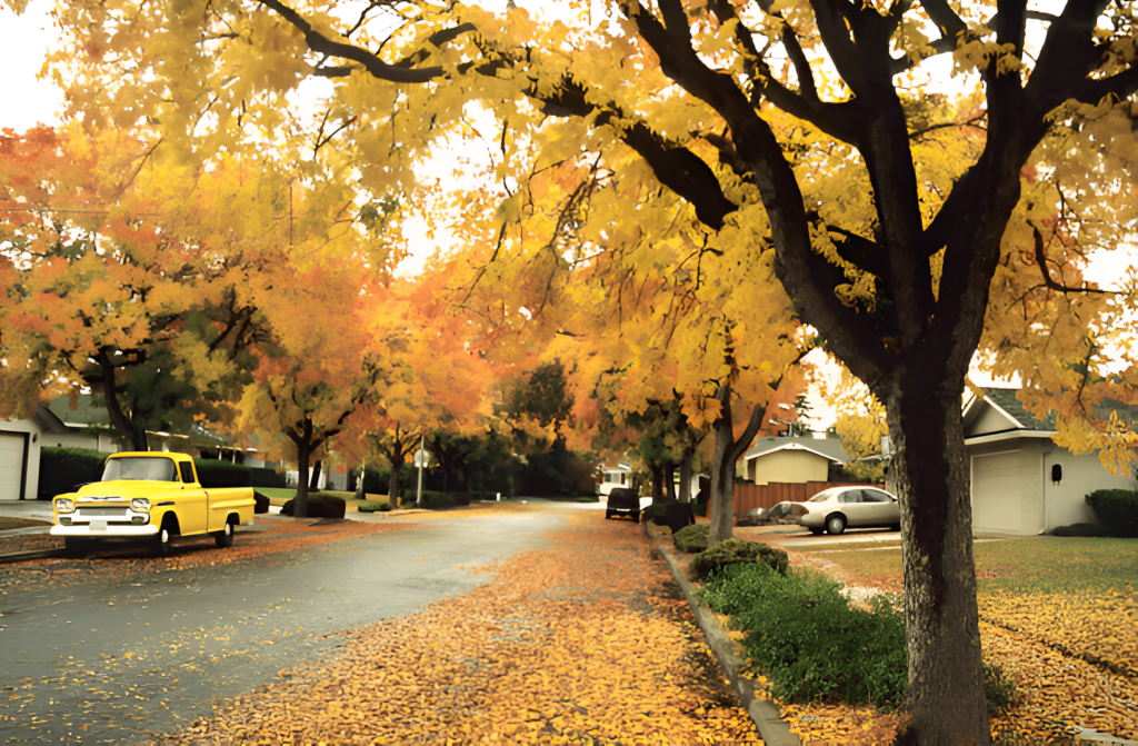 A scenic residential road in Cupertino, CA, lined with autumn-colored trees and well-maintained homes.