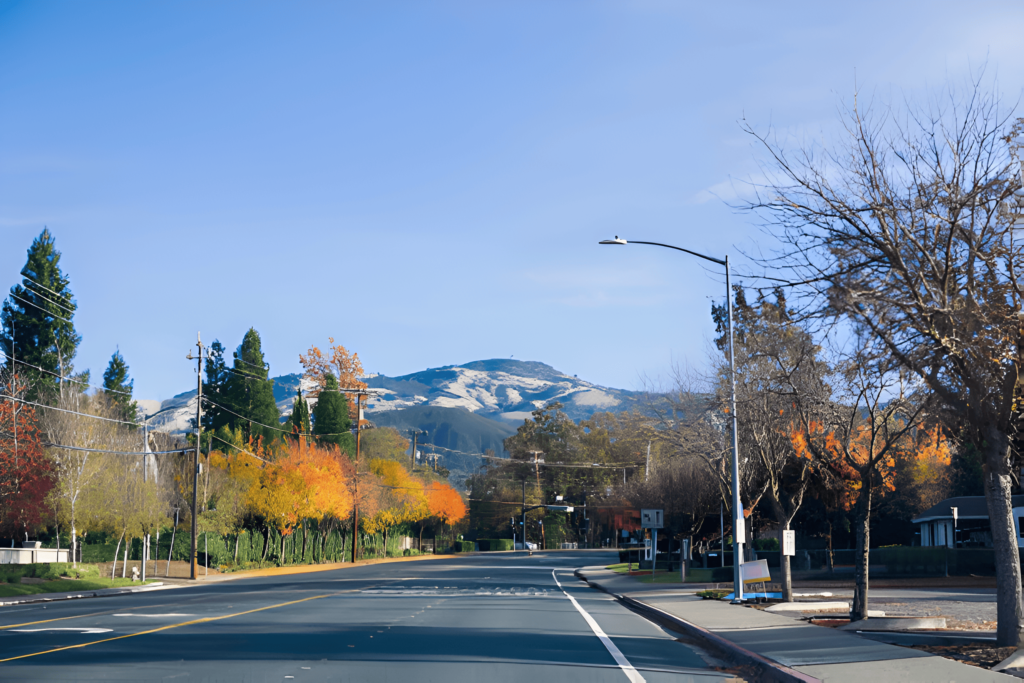 A scenic road in Danville, CA, lined with beautiful residential homes and a mountain backdrop, showcasing the charm of East Bay living.