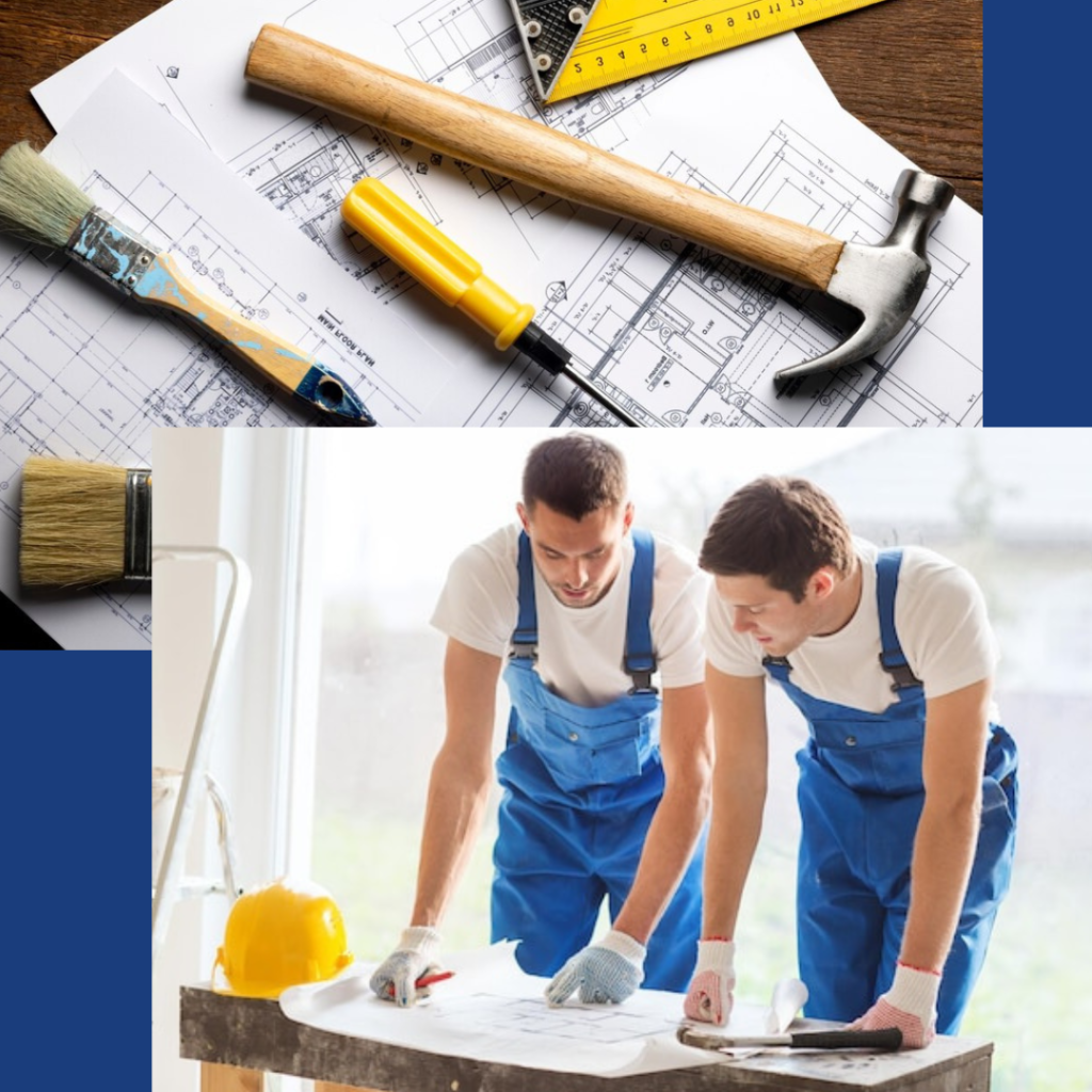 Two builders discussing a house layout plan in Fremont, CA with construction tools on the table.