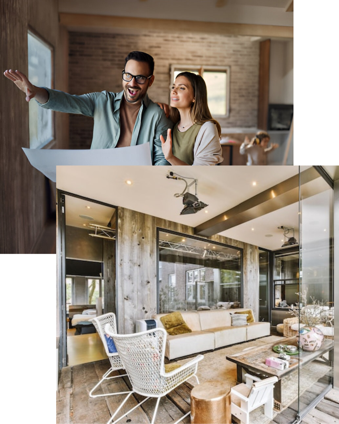 Happy parents discussing plans for interior and exterior improvements for their new home while looking at the surroundings.