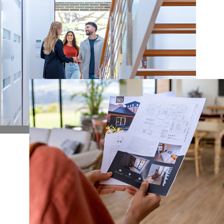 A real estate agent presenting a brochure while showing a young couple a new residential house in the San Francisco Bay Area.