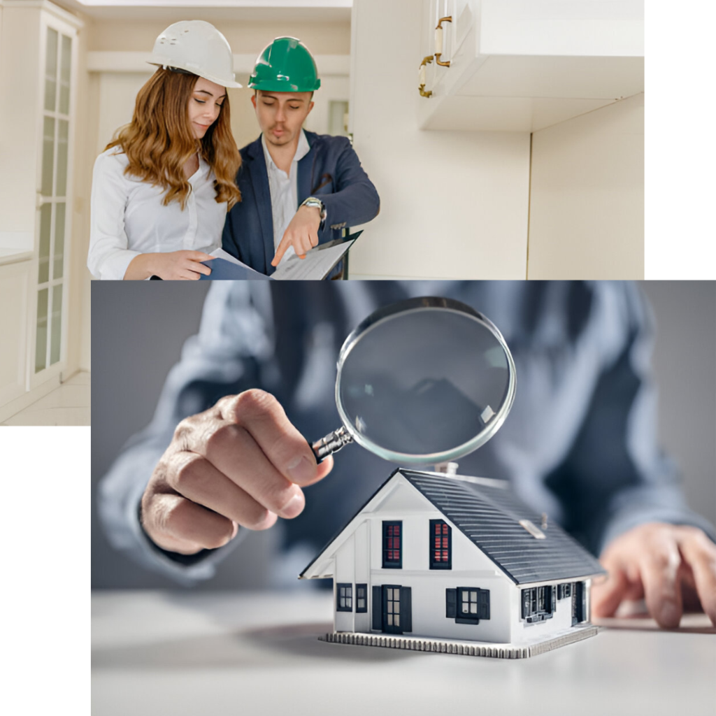 A close-up of hands holding a magnifying glass examining a house, with a home inspector and a homeowner discussing property details.