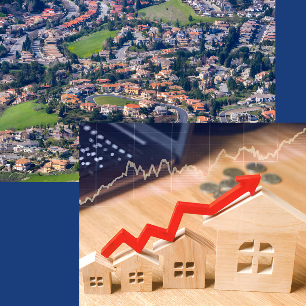 A rising market trend represented by a red arrow above wooden houses with an aerial view of a residential neighborhood in the San Francisco Bay Area.