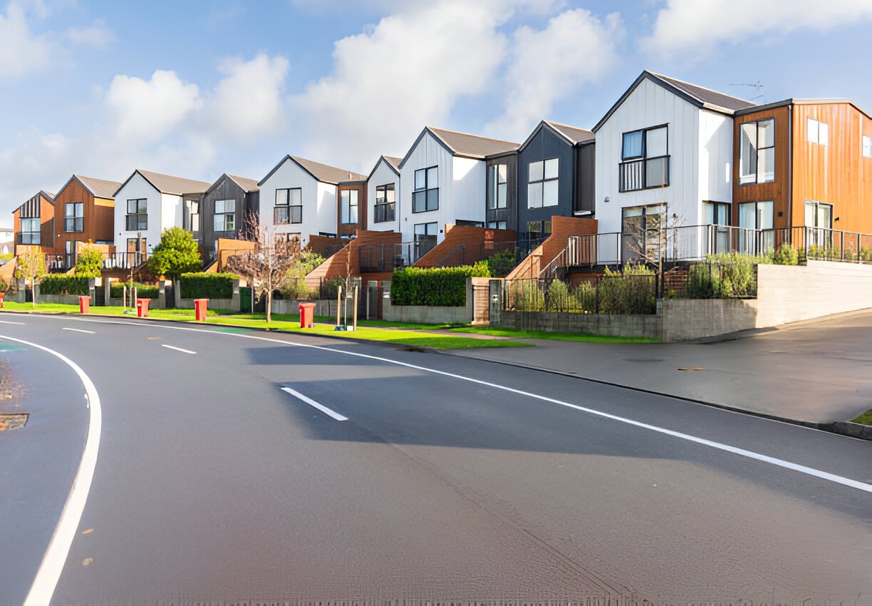Row of modern homes in a residential district along a clean road in the San Francisco Bay Area.