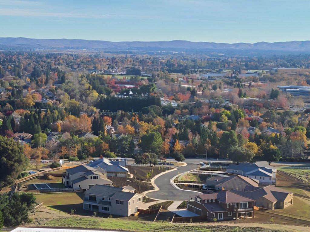 A residential neighborhood in Pleasanton, CA, featuring beautiful homes, tree-lined streets, and a welcoming community.
