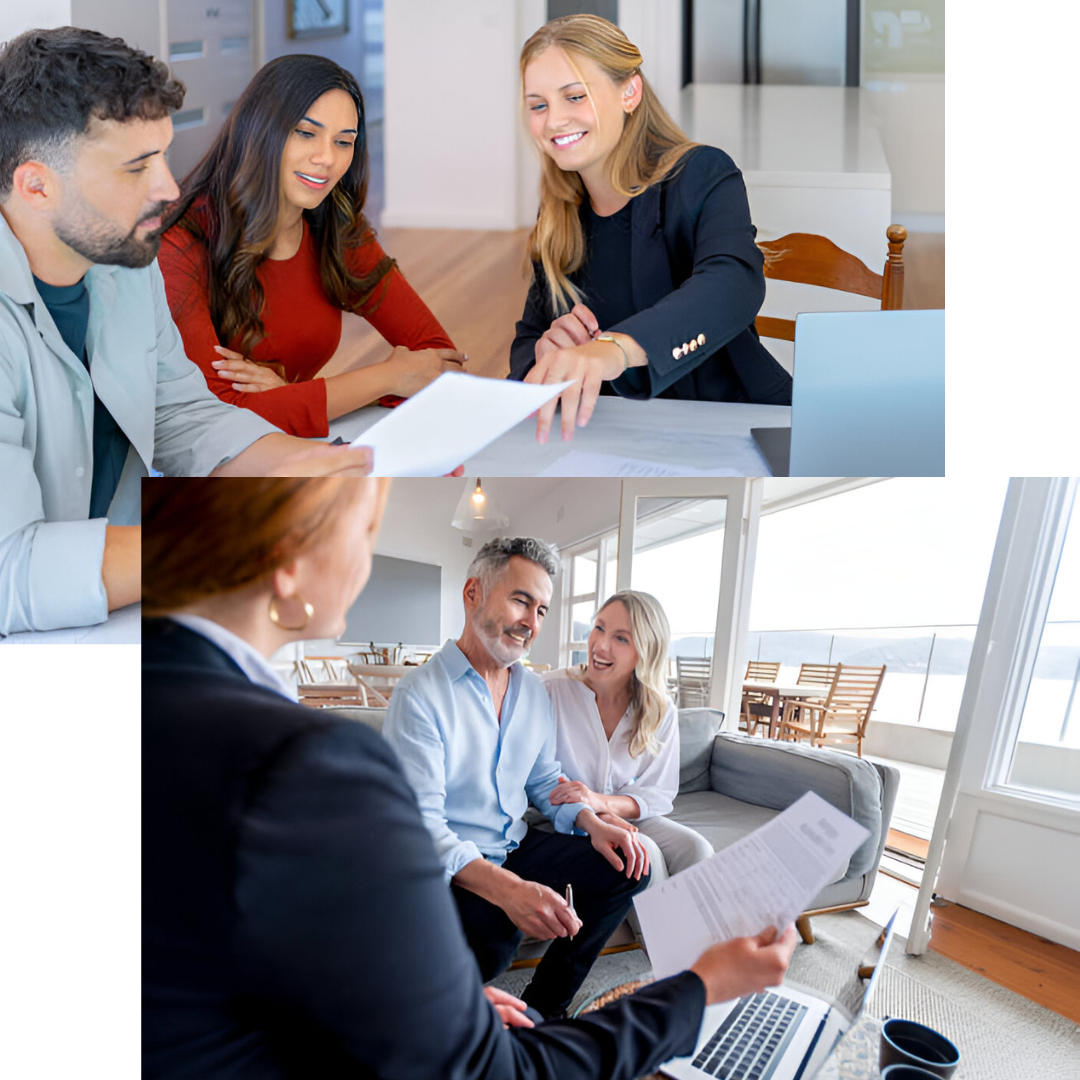 A real estate agent discussing documents with a couple, alongside a mature couple consulting a financial advisor at home in Santa Clara County.