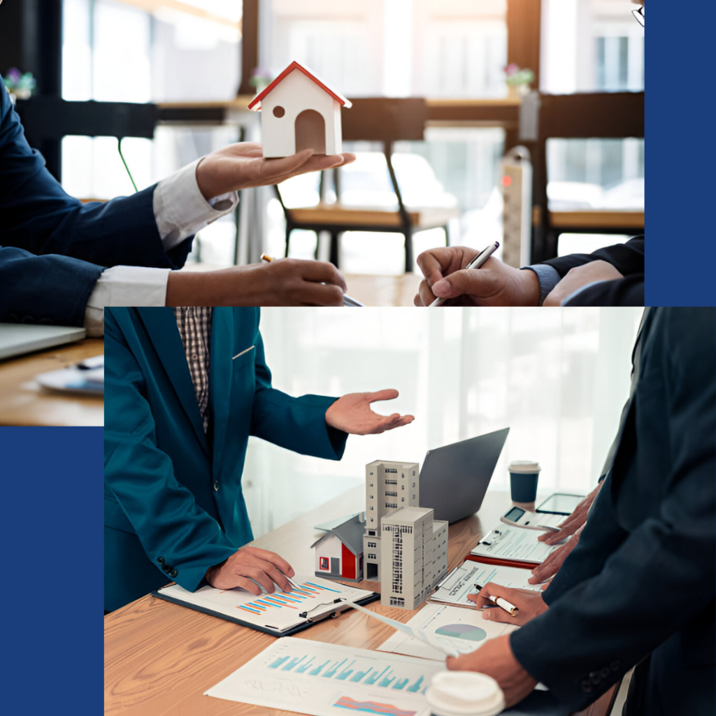 Real estate professionals reviewing blueprints and contracts, assisting clients with home valuations and property investments in Santa Clara County.