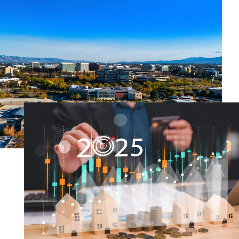 Aerial view of Santa Clara County real estate alongside an investor analyzing market trends and interest rates.