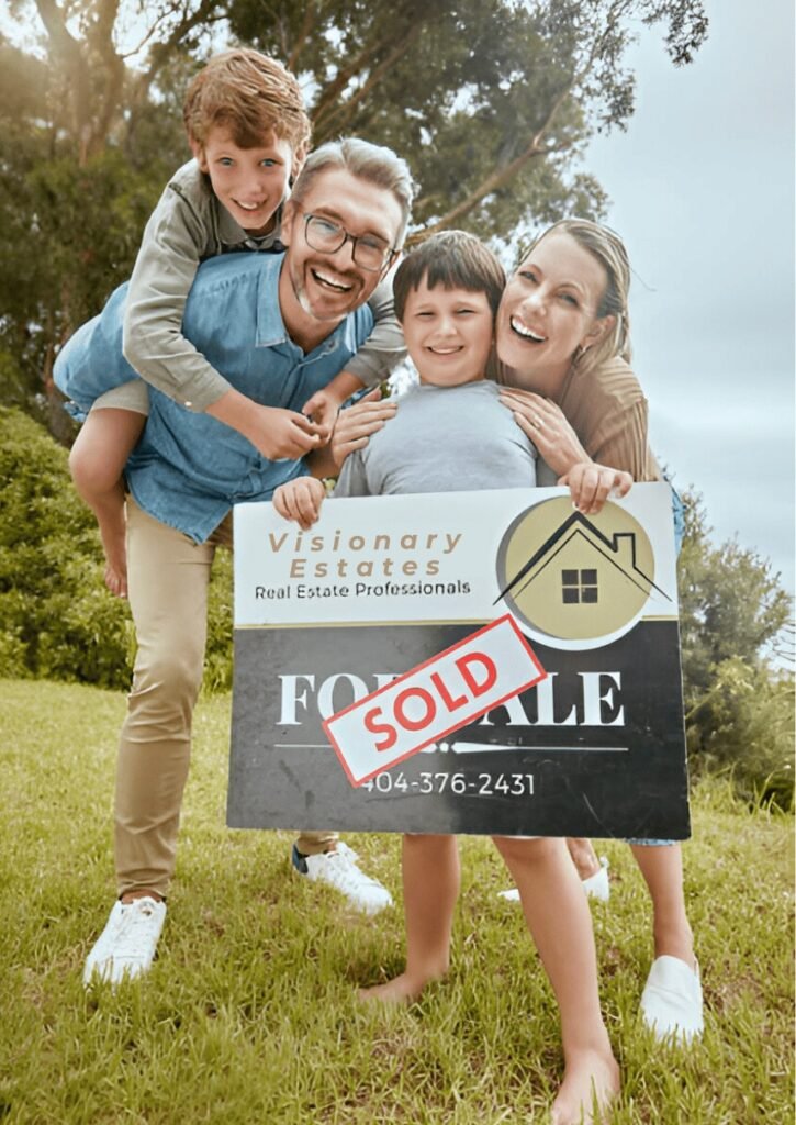A happy family holding a "SOLD" sign, celebrating a successful home sale in the San Francisco Bay Area.