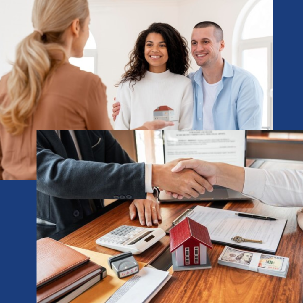 A happy couple embracing while shaking hands with a female realtor for a house deal in Fremont, CA.